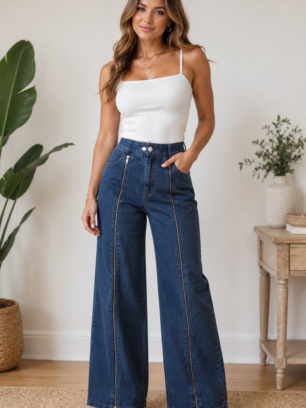 STYLEWE Dark Blue High-Rise Wide Leg Jeans with Front Zipper Seams W28 - Picture 1 of 7